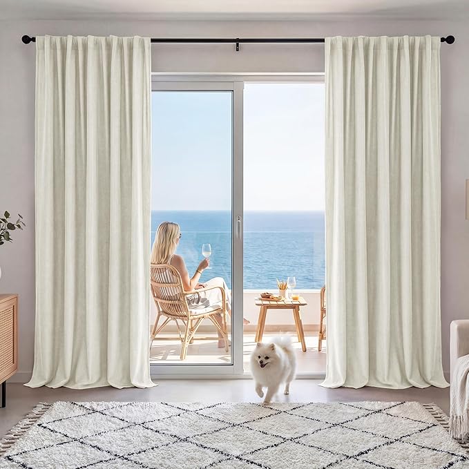 RYB HOME Cream Beige Linen 100% Blackout Curtains for Bedroom W52 x L120, Extra Long Linen Blackout Curtains Privacy Assurd& Thermal Insulated for Sliding Door/Living Room/Nursery, 2 Panels