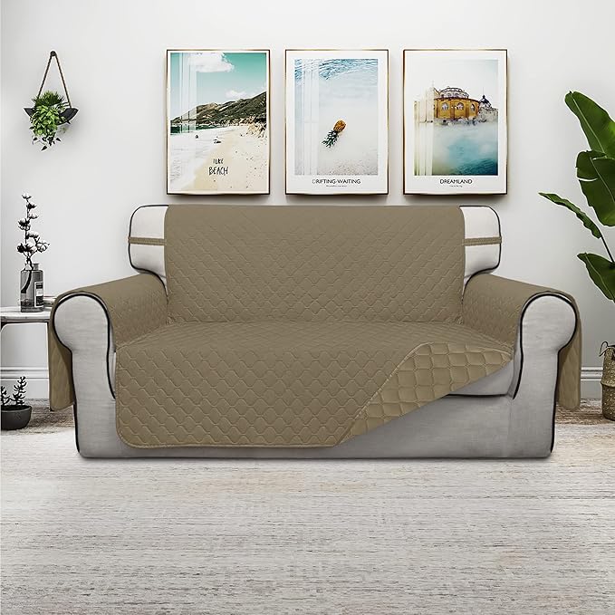 ISSUNTEX Double Protection 100% Waterproof Loveseat Sofa Covers for Living Room, Couch Covers for 2 Cushion Couch Sofa, Reversible Furniture Protector Sofa Cover for Dogs (Loveseat, Beige/Beige)