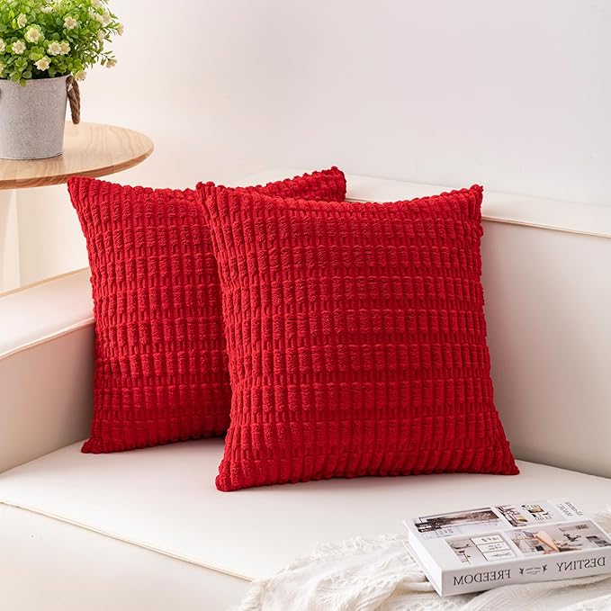 Pack of 2 Christmas Red Corduroy Decorative Throw Pillow Covers 24x24 Inch Soft Striped Pillow Covers Modern Farmhouse Home Decor for Sofa Living Room Couch Bed（Red）