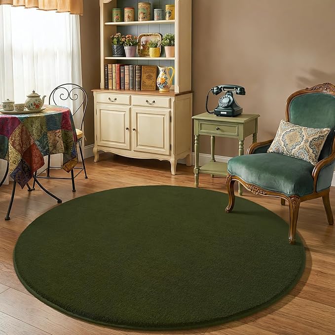 Amearea Olive Green Round Area Rugs 4ft Washable Circle Rugs for Bedroom Living Room, Fluffy Indoor Thickened Memory Foam Rug, Non Slip Minimalist Circular Carpet for Kids Boy Girl Dorm Nursery Room