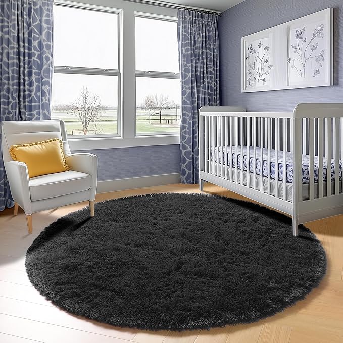 ONASAR Black Round Area Rugs 6ft, Ultra Soft Bedroom Circle Rug for Kids Girls Boys Teen Room, Fluffy Plush Shaggy Carpet Floor Mats for Baby Nursery Living Room Playroom Dorm Home Decor