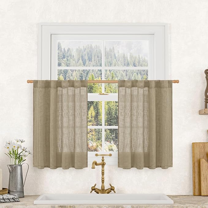 LAMIT Short Linen Curtains 30 Inch Length for Cafe, Semi Sheer Light Filtering Panels Back Tab and Rod Pocket Country Decor Drapes for Basement/Small Window, Taupe, 2 Panels, 34 x 30 Inch