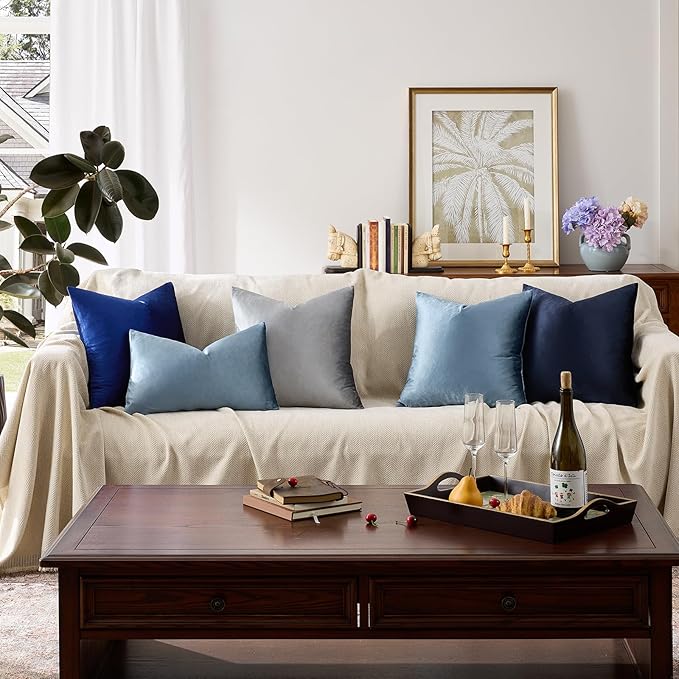 GIGIZAZA Decorative Throw Pillow Covers 16x16,Set of 2 Stone Blue Square Couch Pillow Covers,Velvet Sofa Boho Cushion Pillows