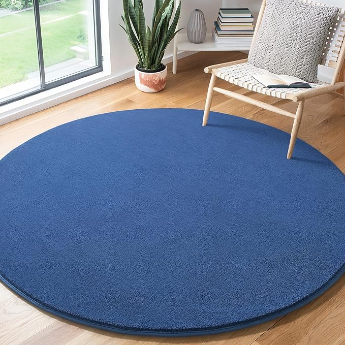 Amearea Blue Round Area Rugs 4ft Washable Circle Rugs for Bedroom Living Room, Fluffy Indoor Thickened Memory Foam Rug, Non Slip Minimalist Circular Carpet for Kids Boys Girls Dorm Nursery Room Decor