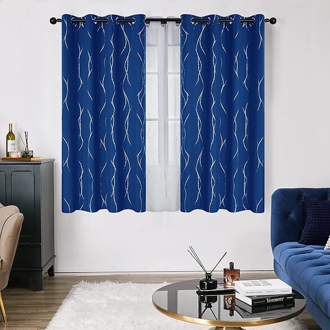 Deconovo Blackout Curtains, 52 x 54 Inch Drapes for Kitchen with Wave Dots Silver Print, Soundproof Thermal Insulated Window Curtain for Small Windows Nursery, Set of 2, Machine Washable, Royal Blue