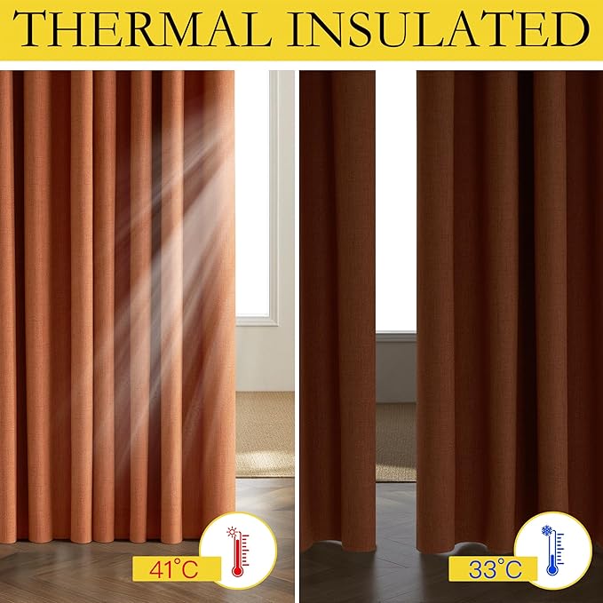 NICETOWN 100% Absolutely Blackout Linen Curtains with Thermal Insulated Liner, Terracotta, 52" Wide, 2 Panels, 90 inches Long Drapes, Grommet Retro Linen Curtains Vertical Drapes Privacy for Bedroom