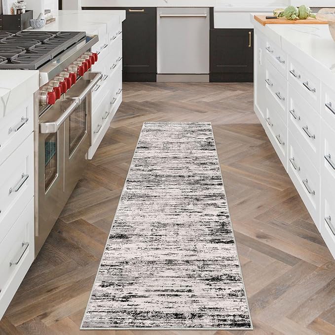 Lansny Modern Abstract Runner Rug 2x6, White Black Grey Taupe Washable Kitchen Runner Non-Slip Soft Hallway Rug Runner Thin Print Faux Wool Carpet for Entryway Bedroom Laundry Room Indoor Home Decor