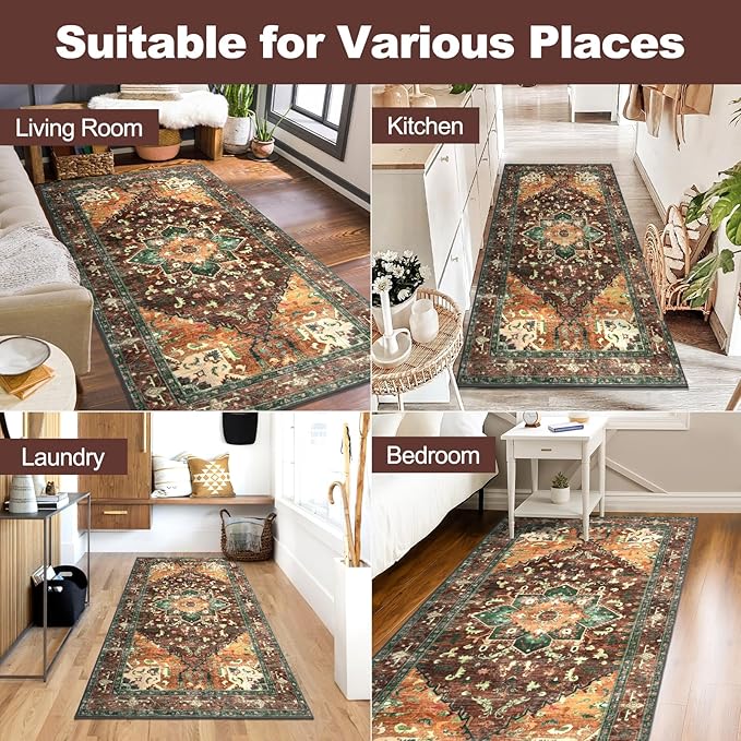 Yamaziot Washable Runner Rug, 3x6 Non-Slip Boho Vintage Hallway Rug with Rubber Backing, Low Pile Faux Wool Distressed Carpet Runner for Bedroom, Kitchen, Laundry, Entrance
