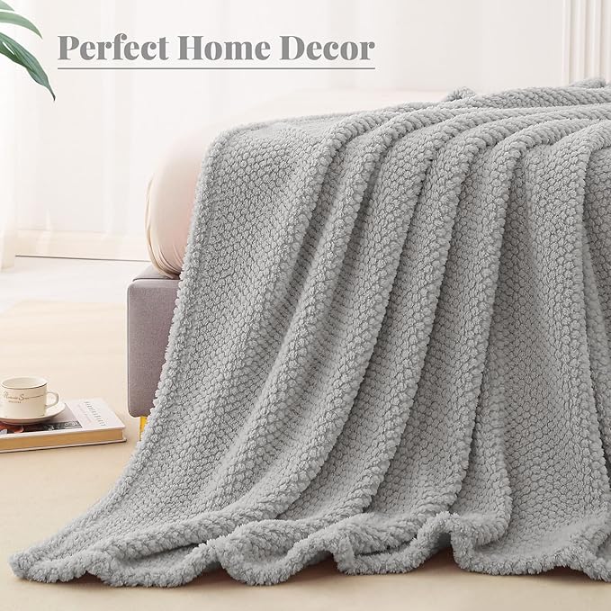 Whale Flotilla Twin Size Fuzzy Fleece Blanket for Bed, 60x80 Inch Fluffy Warm Soft Jacquard Blankets for All Season, Lightweight and Cozy, Light Grey