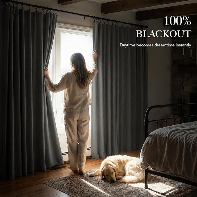 RYB HOME 100% Blackout Linen Textured Curtains 84 inches Long, Thermal Insulating Privacy Energy Saving for Bedroom Living Room Window Office Theater Baby Nursery, W 52 x L 84 in, Grey, 2 Panels