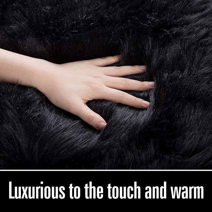 LOCHAS Soft Fluffy Faux Fur Rugs for Bedroom Bedside Rug 2x3 Feet, Washable, Furry Sheepskin Area Rug for Living Room Girls Room, Luxury Shag Carpet Home Decor, Black