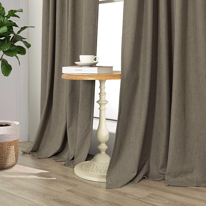 Linen Brown Curtains for Bedroom 84 Inch Long 2 Panel Burg 100% Blackout Back Tab Pleated Look Drape Light Blocking Thermal Insulated Burlap Farmhouse Black Out Curtain for Living Room 52x84 in Length