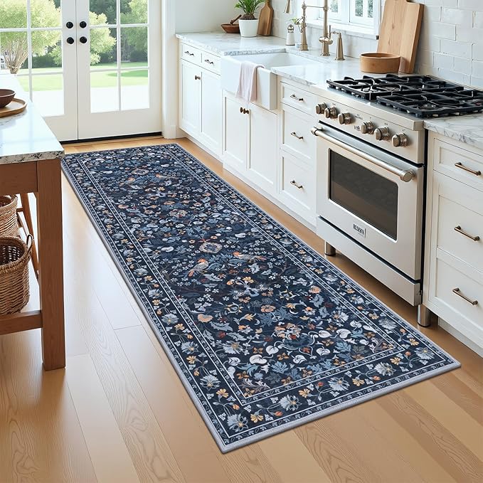 HEBE Washable Hallway Runner Rug 2'x 8' Non Slip Kitchen Rugs Runner,Low Pile Entryway Rug Laundry Room Mat Floral Carpet Runners for Hallways, Kitchen,Bathroom,Laundry,Bedside Rug