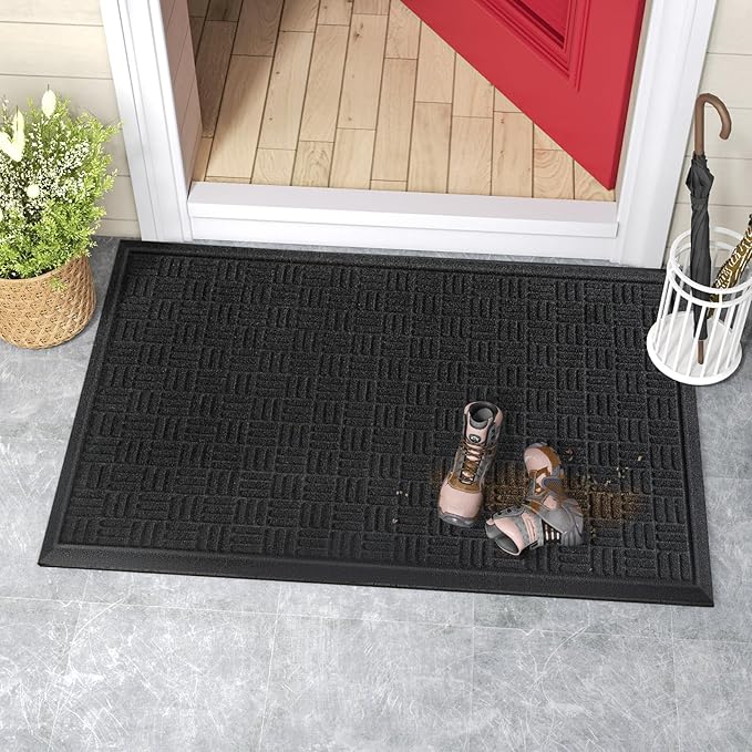 Mibao Front Door Mat Indoor Outdoor Entrance, Dirt Trapping Waterproof All-Season, All-Weather Doormat, Non-Slip Durable Natural Rubber Low Profile Easy Clean Patio Entrance Mat, 36" x 24", Black