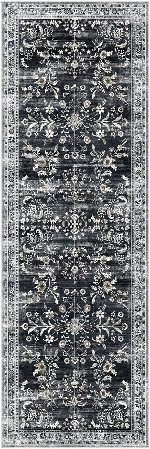 Yamaziot Washable Runner Rug 2x6 – Non Slip Boho Floral Hallway Runner Rug with Rubber Backing,Low Pile Faux Wool Distressed Carpet for Kitchen, Laundry, Bedroom, Entrance, Navy/Black