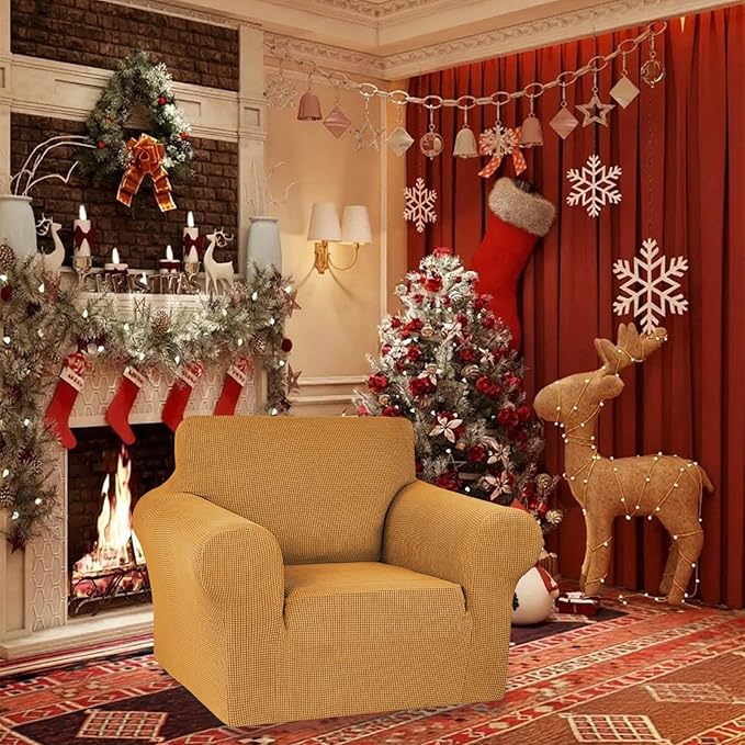 KEKUOU Stretch Single Sofa Slipcover 1 Piece Couch Sofa Cover (31"-55") Furniture Protector 1 Seater Sofa with Elastic Bottom for Kids,Pet.Jacquard Small Checked Pattern Fabric(Small,Golden)