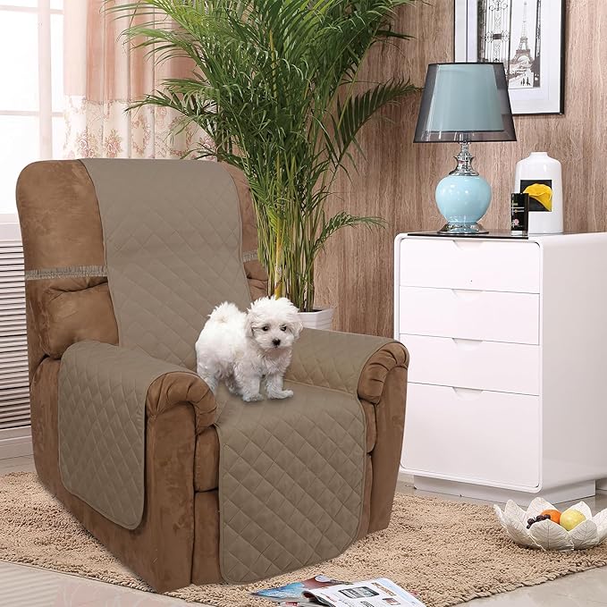 U-NICE HOME Recliner Chair Covers Reversible Quilted Water Repellent Pet Protectors with Elastic Straps (23''Recliner Small, Taupe/Taupe)