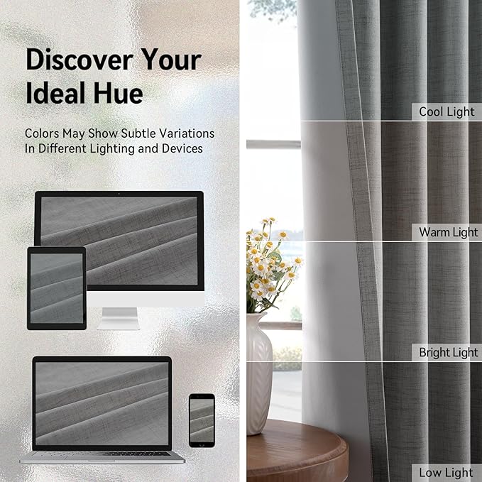 100% Blackout Shield Grey Blackout Curtains for Bedroom, Grommet Linen Curtains for Living Room, Thermal Insulated Room Darkening Drapes for Nursery, Boho Home Decor, 50" W x 84" L, 2 Panels