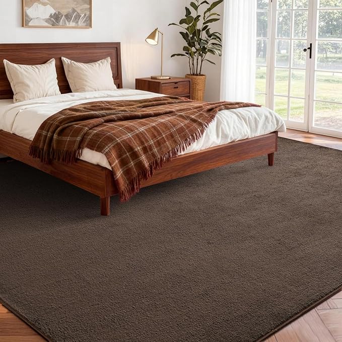 FinRèc 5x7 Washable Area Rugs for Bedroom Living Room, Low Pile Thin Rug Solid Color, Non-Slip Carpet Indoor for Home Decor (Pure Brown)