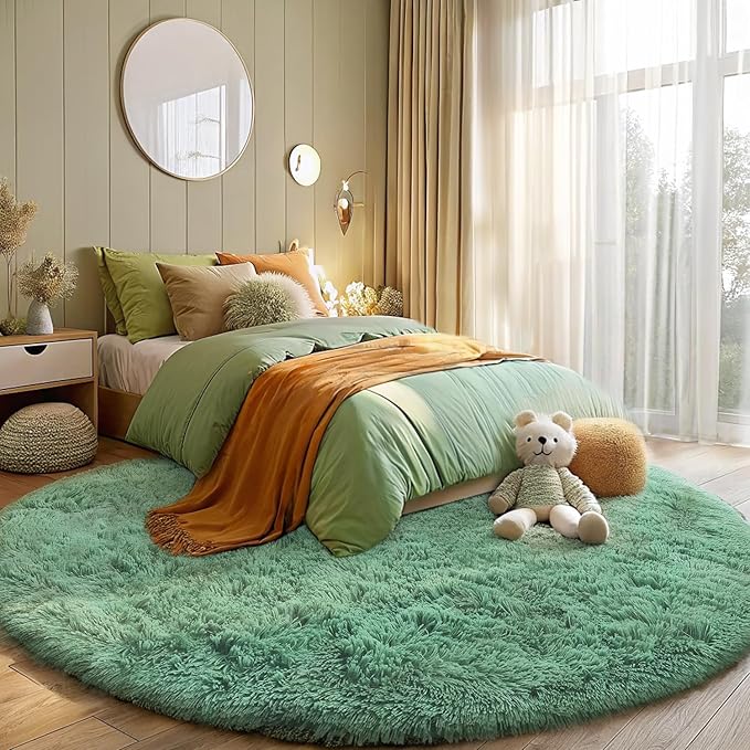OLANLY Mint Green Round Rugs for Bedroom - Machine Washable, 7 ft Circle Area Rugs for Living Room, Soft and Fluffy Shaggy Carpet for Teen Girls and Boys, Nursery Rooms, Dorms, Home Decor Aesthetic