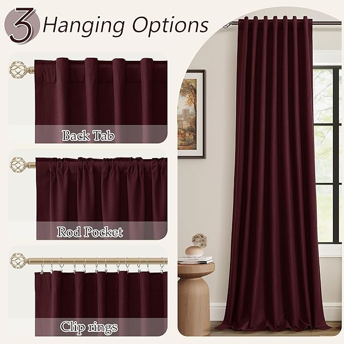 Guken Burgundy 100% Blackout Linen Curtains 84 Inch Length 2 Panels Set for Living Room Bedroom Back Tab Thermal Insulated Black Out Drapes Room Darkening Farmhouse Style for Bedroom Window Curtains