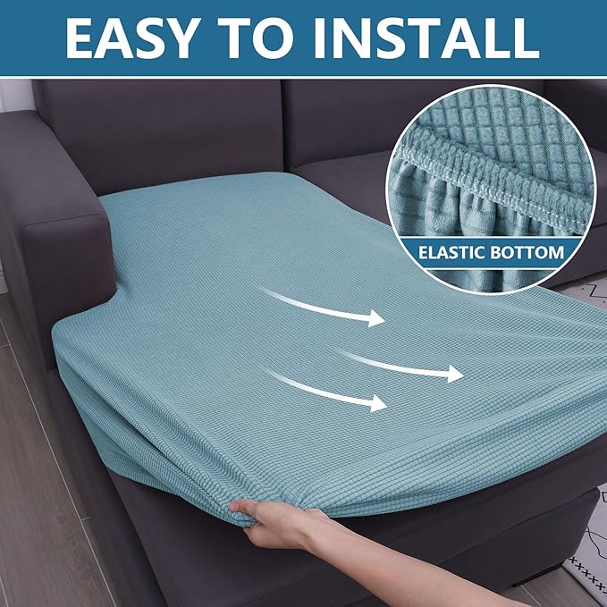 hyha Waterproof Sectional Couch Covers, Non Slip Sofa Couch Cushion Covers L Shape, Thick Stretch Jacquard Fabric, Washable Sofa Slipcovers with Elastic Bottom (1 Piece for Chaise XL, Lake Blue)