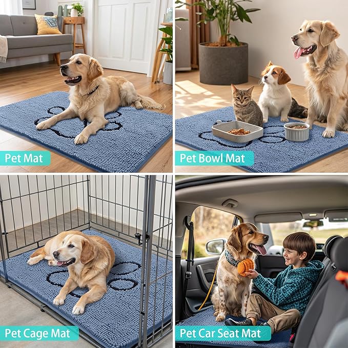 Smiry Dog Door Mat for Muddy Paws, Absorbent Dirt Trapper Non Slip Quick Dry Washable Chenille Mat for Mud Dogs, Entry Rug for Indoor and Outdoor (30x20 Inches, Airy Blue and Black)
