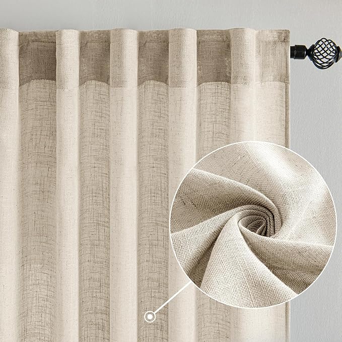 MIULEE Beige Linen Curtains 45 Inch Length 2 Panels for Bedroom Living Room, Soft Linen Textured Window Drapes Semi Sheer Light Filtering Back Tab Rod Pocket Farmhouse Modern Burlap Look Decor