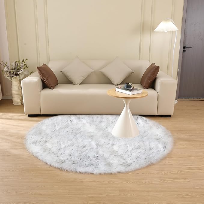 ORINOVA Grey and White Plush Machine Washable Area Rugs for Bedroom Small Circle Furry Faux Sheepskin Fur Rug for Living Room Nursery Round Rug 3ft