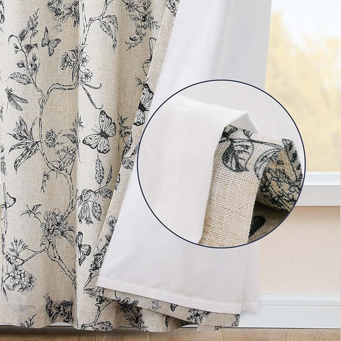 jinchan Floral Curtains Lined Linen Blend Curtain for Living Room 84 Inch Length Black Farmhouse Flower Patterned Curtain French Country Curtains Drapes Back Tab Rod Pocket 2 Panels