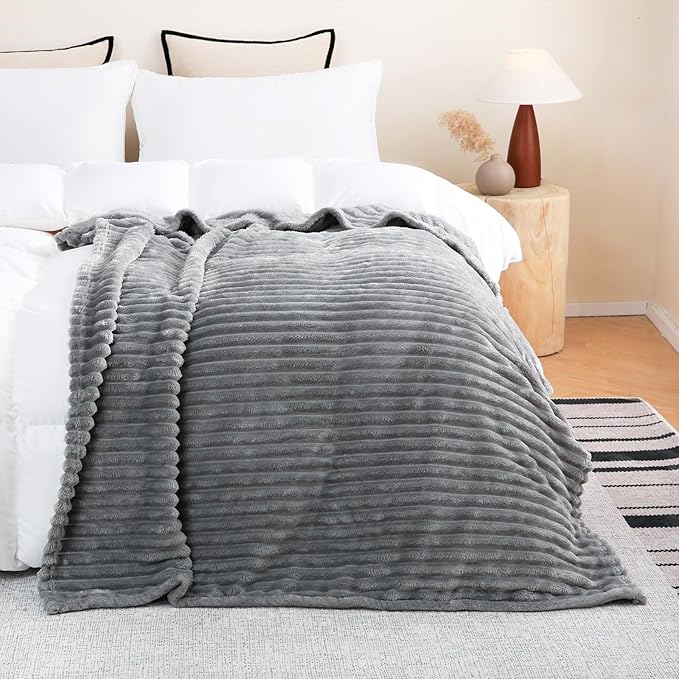 Grey Fleece Throw Blanket 50”×60” for Couch Sofa Bed,Super Soft Cozy Plush Microfiber Flannel Blanket with Stripes Design Lightweight for Adults,Woman,Girls