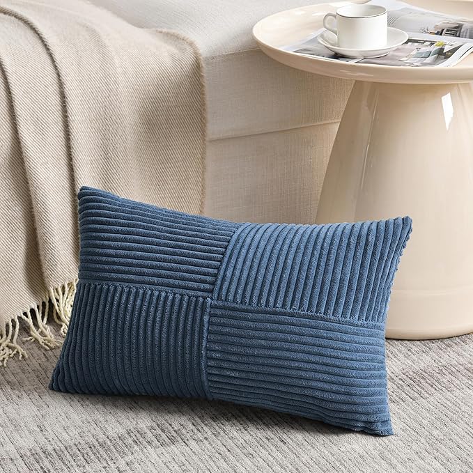 Fancy Homi 2 Packs Dusty Blue Lumbar Decorative Throw Pillow Covers 14x22 Inch for Couch Bed Sofa, Rustic Farmhouse Boho Home Decor, Soft Striped Corduroy Rectangle Accent Cushion Case 35x55 cm