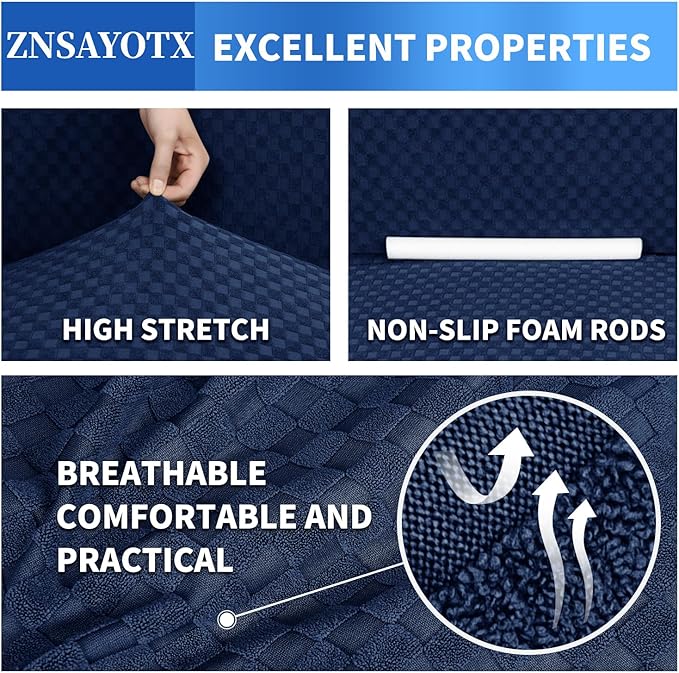 ZNSAYOTX 1 Piece Jacquard Couch Covers for 3 Cushion Couch Living Room High Stretch Sofa Cover Pets Dogs Friendly Anti Slip Thickened Slipcovers Furniture Protector (Sofa, Navy Blue)