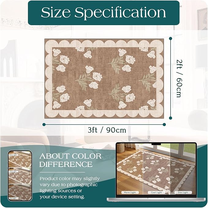 Front Door Mat Outside Entrance - 2x3 Floral Non-Slip Washable Doormat Indoor Outdoor Mat Tan Neutral Farmhouse Scalloped Entry Rug Small Throw Rugs for Entryway Kitchen Front Porch Decor