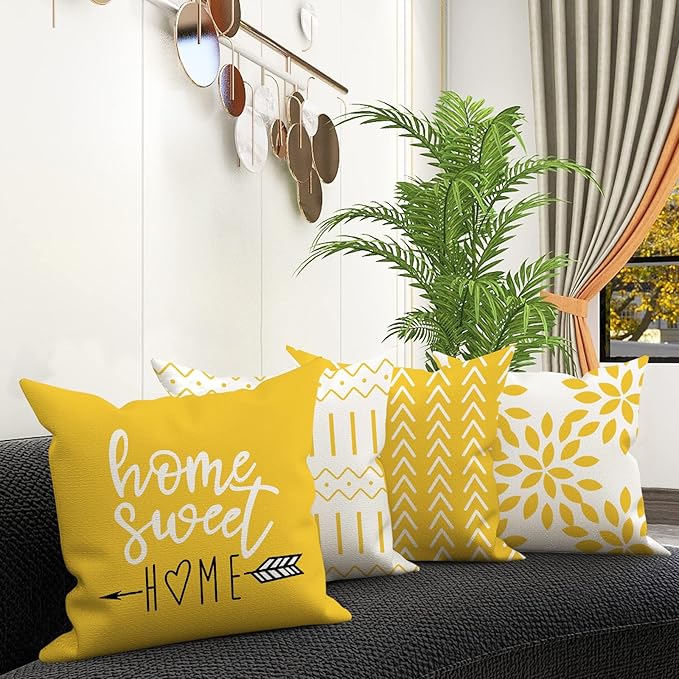 YCOLL Pillow Covers 18x18 Set of 4, Modern Sofa Throw Pillow Cover, Decorative Home Outdoor Linen Fabric Geometric Pillow Case for Couch Bed Car, Yellow