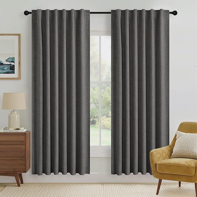 RYB HOME Grey 100% Blackout Linen Curtains 72 inch Long, Thermal Insulated & Privacy Assurd Drapes for Bedroom/Office/Nursery, Rod Pocket & Back Tab Window Treatment, W52 X L72, 2 Panels