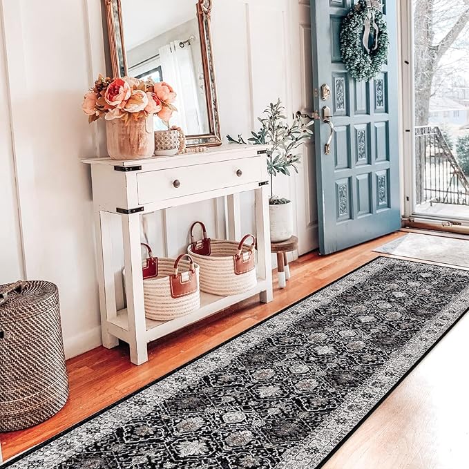 Hallway Washable Runner Rug - 2x7 Kitchen Rugs Entryway Rug Runner Vintage Soft Floor Mat Non Slip Indoor Farmhouse Carpet for Bathroom Living Room Bedroom (2 X 7, Black)
