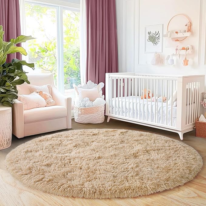 6‘x6’ Beige Round Rug for Bedroom, Ultra Soft Fluffy Circle Rug for Kids Girls Boys Room, Cute Shag Rugs for Living Room Playroom Tent Castle Home Decor Rug