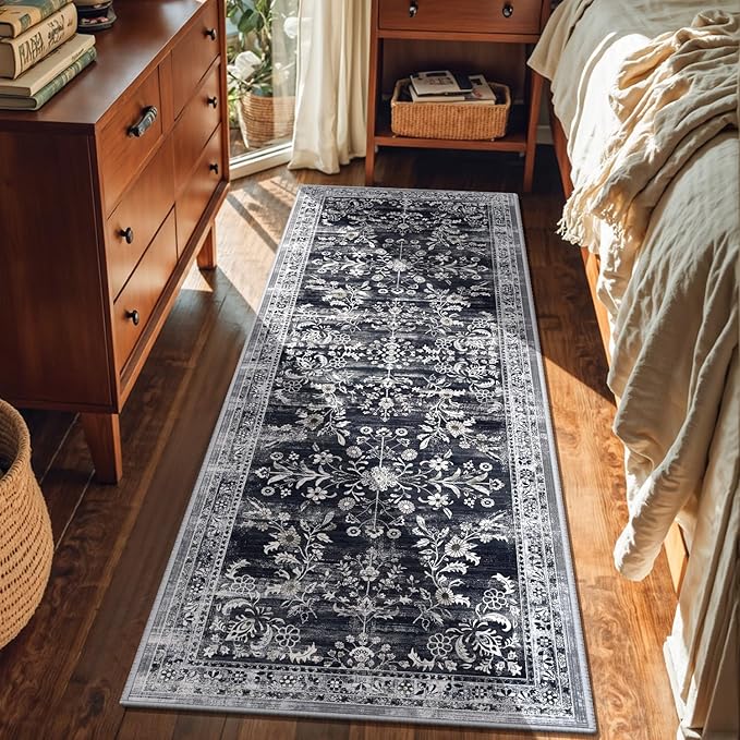 Yamaziot Washable Runner Rug 2x6 – Non Slip Boho Floral Hallway Runner Rug with Rubber Backing,Low Pile Faux Wool Distressed Carpet for Kitchen, Laundry, Bedroom, Entrance, Navy/Black
