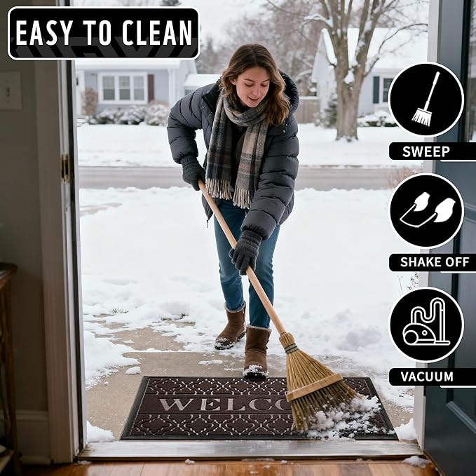 Yimobra Welcome Matt Outdoor Indoor 29.5x17, All-Weather Waterproof Front Door Mat Outside Entrance, Non-Slip Low Profile Porch Patio Doormat, Brown