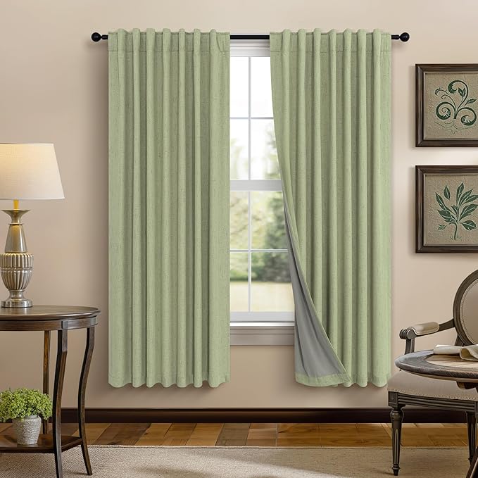 Pitalk Light Sage Green Black Out Curtains 63 Inch Long 2 Panel Set Back Tab Pleated Linen Textured Cute Blackout Curtains for Girls Bedroom Nursery Living Room Darkening Thermal Window Drapes Vintage