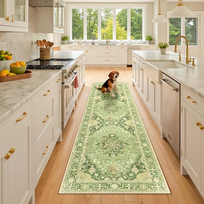 RELEANY Area Rugs 2'6''x8' Runner Rug Non Slip Washable for Kitchen Hallway Bedroom Beside Laundry Room Bathroom Rug, Floor Carpet, Sage Green Yellow