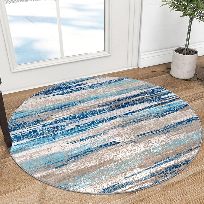 Lansny Modern Abstract Round Rug 3Ft, Blue Round Rug Washable Non-Slip Soft Small Circle Rug, Circular Entryway Rugs Thin Print Faux Wool Carpet Accent Rug for Bedroom Living Room Office Under Desk