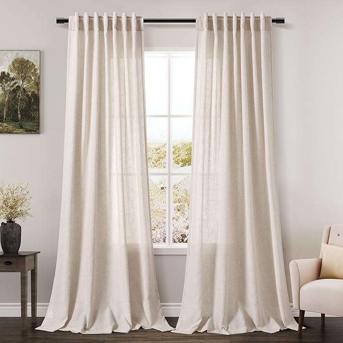 Nanspring Beige Linen Blend Light Filtering Curtains 86 Inches Long 2 Panel Set Pocket Back Tab Tan Beige Privacy Semi Sheer Decorative Decor Curtain Drapes for Bedroom Living Room 52x86
