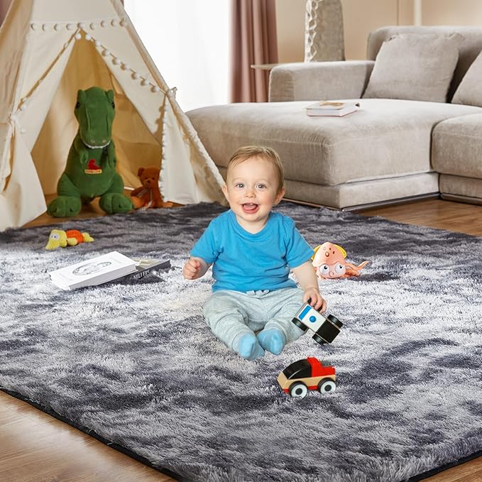 Shag Area Rugs for Living Room 5x7 Feet, Upgrade Anti-Skid Rectangular Cozy Rug, Indoor Floor Carpet for Kids Boys Girls Dorm Bedroom Playroom, Home Decor Aesthetic, Tie-Dyed Dark Gray