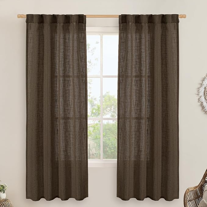 LAMIT Dark Brown Linen Curtains for Bedroom, 72 Inch Length Light Filtering Semi Sheer Panels Back Tab and Rod Pocket Neutral Drapes for Living Room, 2 Panels, 34 x 72 Inch