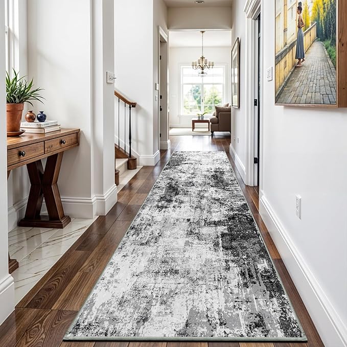 3x12 Washable Runner Rugs for Hallway: Long Abstract Runners for Entryway Bedroom - Stain and Water Resistant Rugs with Non-Slip Backing - Soft Low-Pile Carpet Black Grey