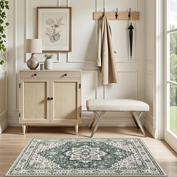 2x3 Area Rugs Living Room Rug: Washable Vintage Boho Medallion Rug No Slip Stain Resistant Soft Carpet Indoor Large Carpets for Bedroom Dining Room Farmhouse Nursery Hallway Home Office Green Ivory