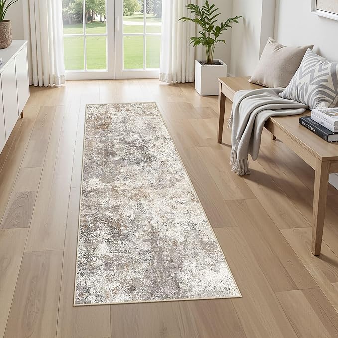 UERMEI 2X6 Washable Runner Rug for Hallway: Soft Neutral Modern Abstract Area Rug - Non-Slip Low Pile Long Throw Indoor Carpet for Kitchen Entryway Kitchen Bedroom Laundry Bathroom - Brown Grey