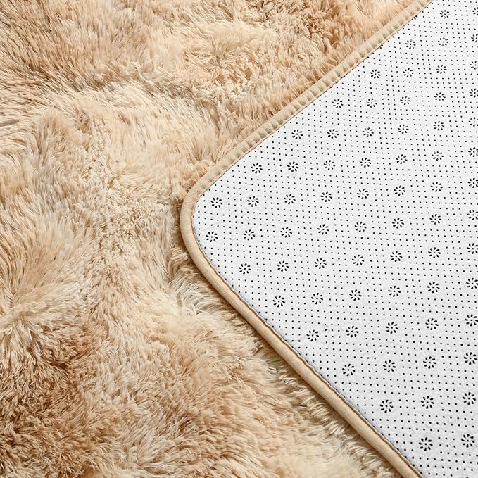 Deerhoo Large Shag Area Rugs 8 x 10, Tie-Dyed Plush Fuzzy Rugs for Living Room, Ultra Soft Fluffy Furry Rug for Bedroom, Indoor Carpet Nursery Rugs for Kids Room Home Decor, Beige